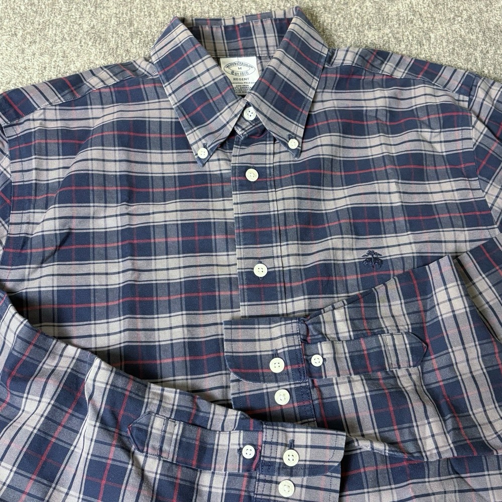 Brooks Brothers Shirt Mens Medium Navy Plaid Regent Non Iron Supima Cotton